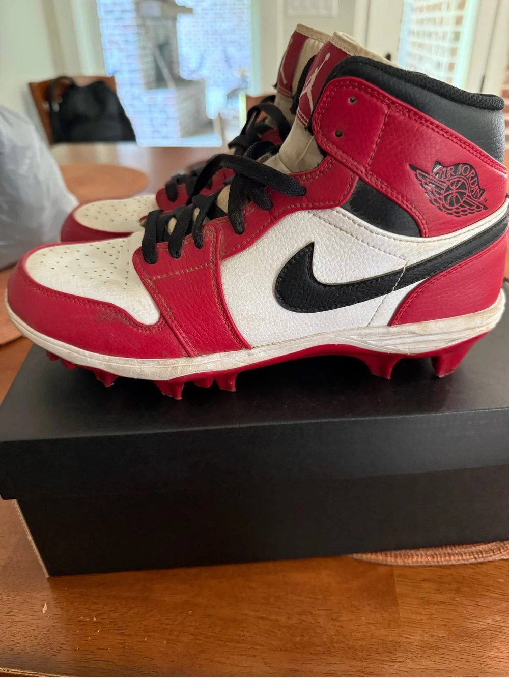 Jordan Mens Red and White High-Top Football Cleats with Black Laces
